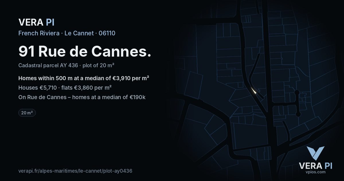 91 Rue de Cannes, Le Cannet at night – the plot lit, the parcels around coloured by the prices near them