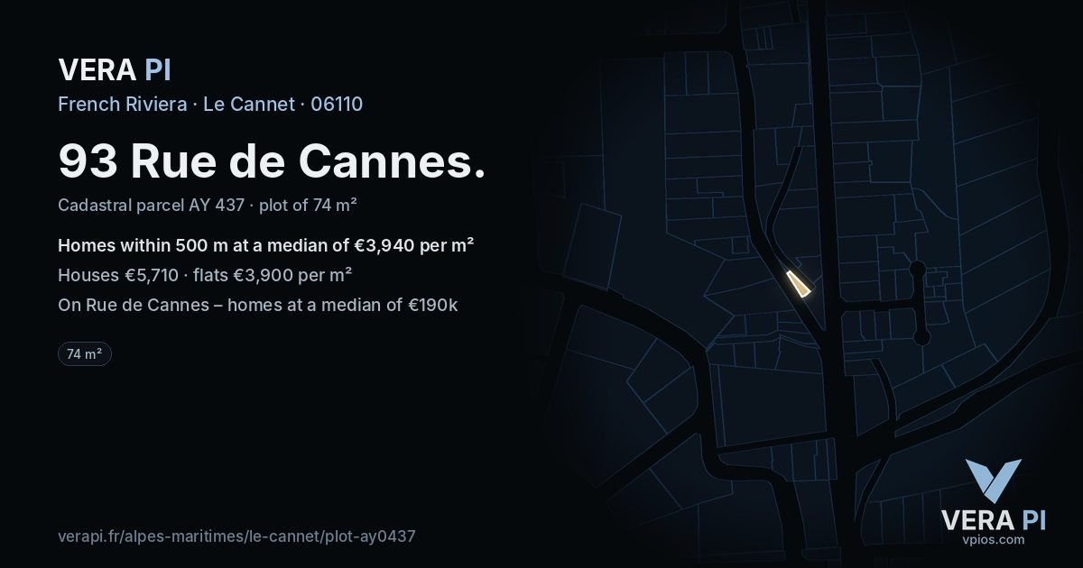 93 Rue de Cannes, Le Cannet at night – the plot lit, the parcels around coloured by the prices near them