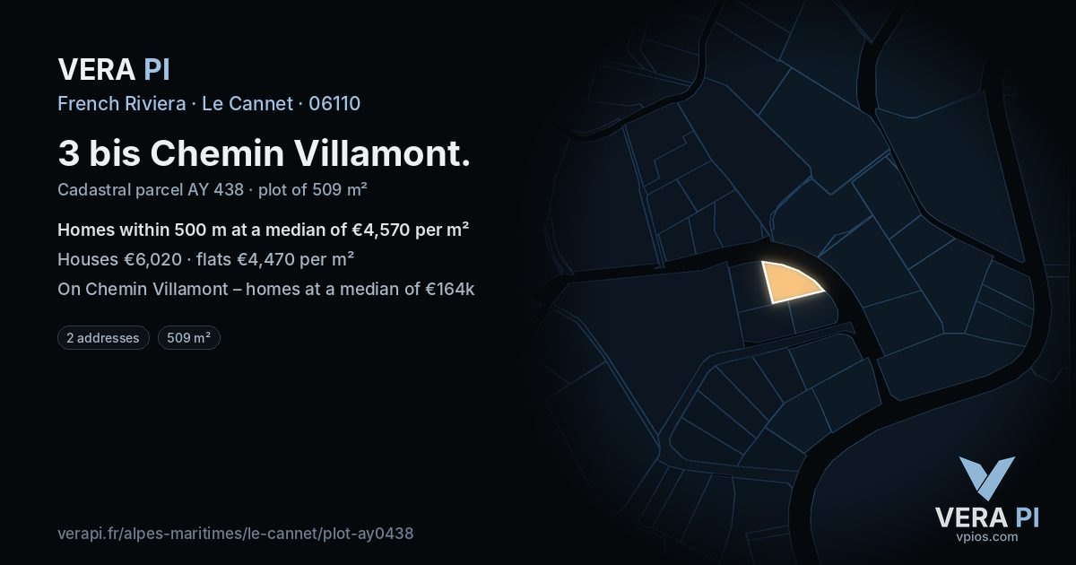 3 bis Chemin Villamont, Le Cannet at night – the plot lit, the parcels around coloured by the prices near them