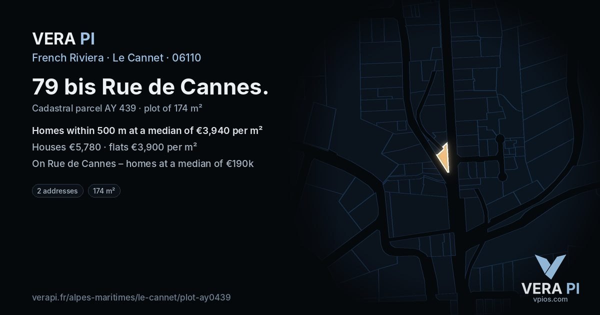 79 bis Rue de Cannes, Le Cannet at night – the plot lit, the parcels around coloured by the prices near them