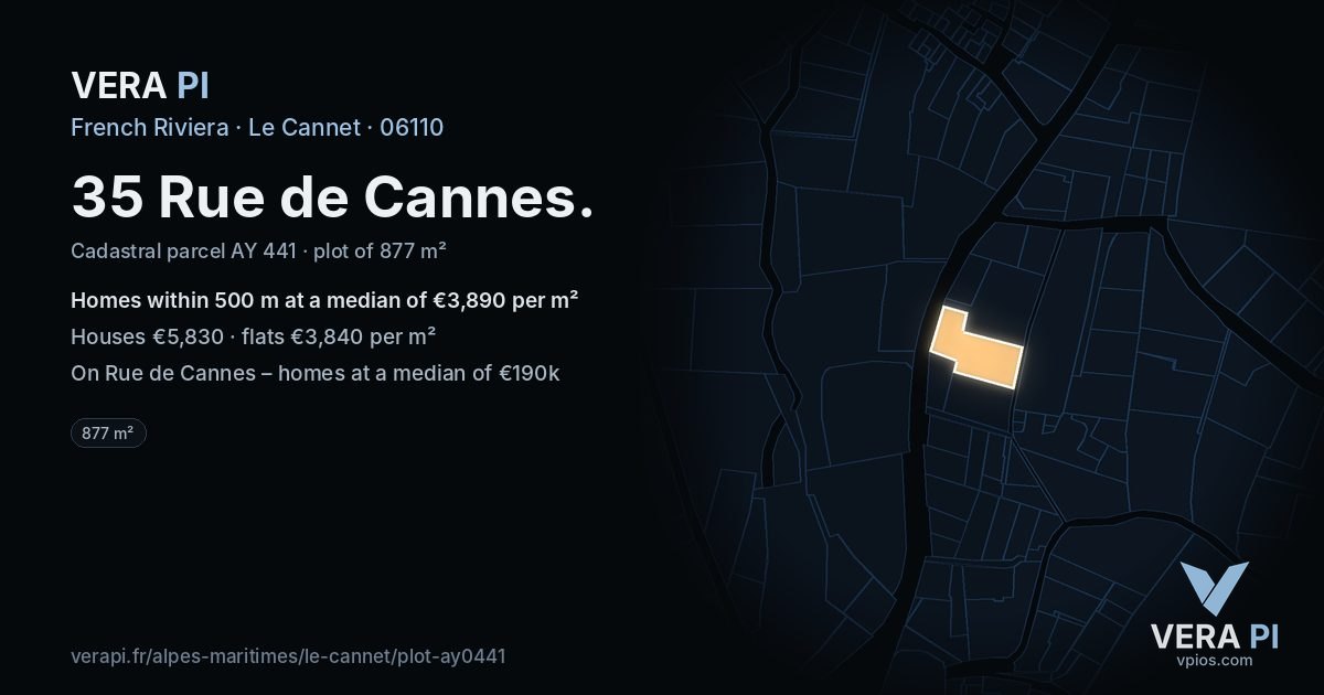 35 Rue de Cannes, Le Cannet at night – the plot lit, the parcels around coloured by the prices near them