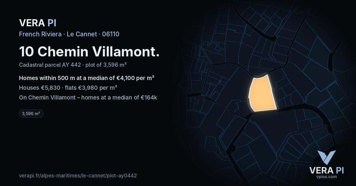 10 Chemin Villamont, Le Cannet at night – the plot lit, the parcels around coloured by the prices near them
