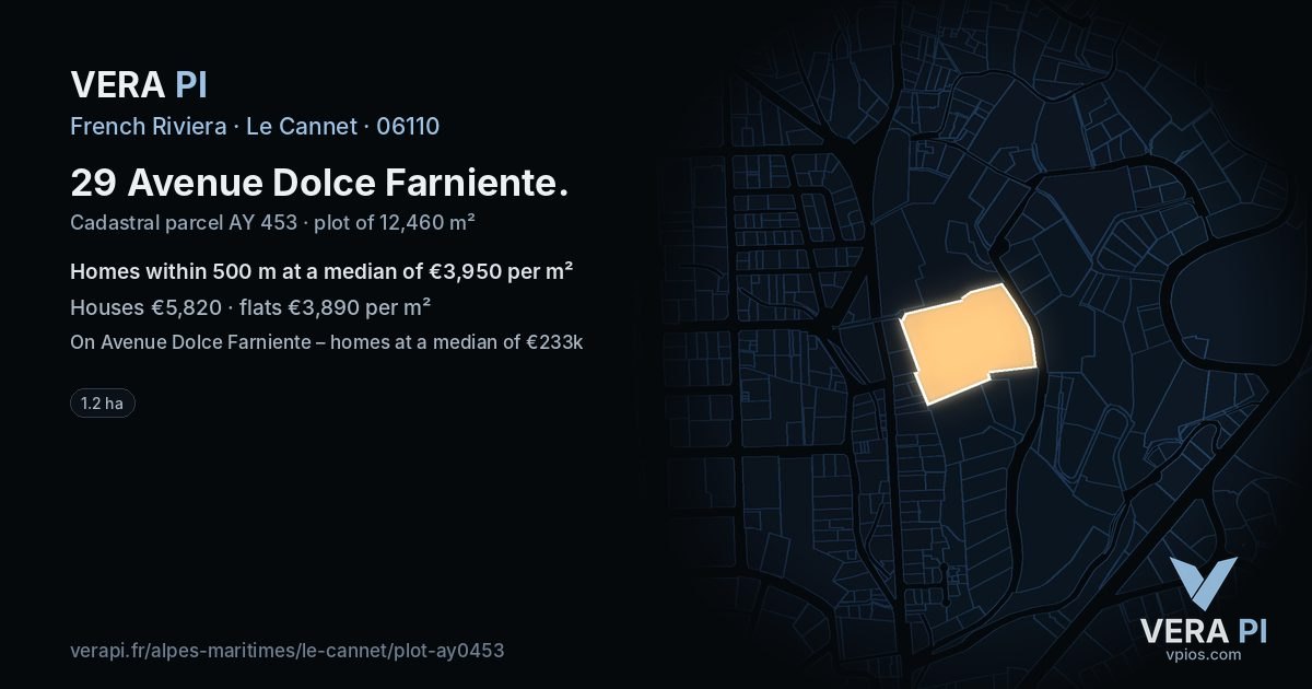 29 Avenue Dolce Farniente, Le Cannet at night – the plot lit, the parcels around coloured by the prices near them