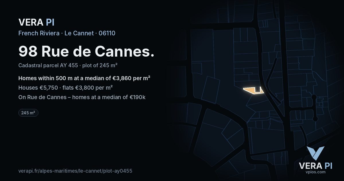 98 Rue de Cannes, Le Cannet at night – the plot lit, the parcels around coloured by the prices near them