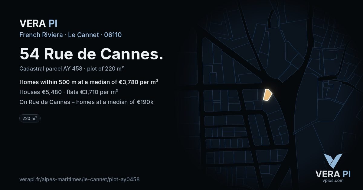 54 Rue de Cannes, Le Cannet at night – the plot lit, the parcels around coloured by the prices near them