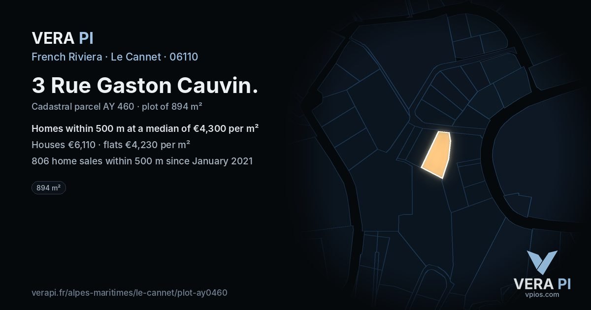 3 Rue Gaston Cauvin, Le Cannet at night – the plot lit, the parcels around coloured by the prices near them