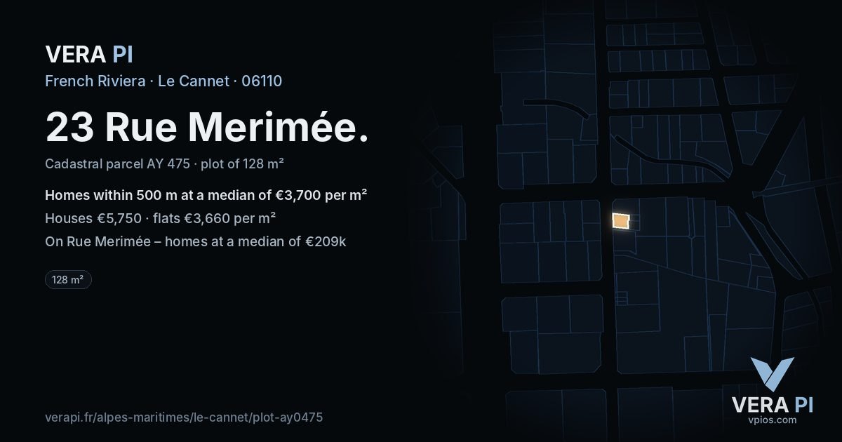 23 Rue Merimée, Le Cannet at night – the plot lit, the parcels around coloured by the prices near them