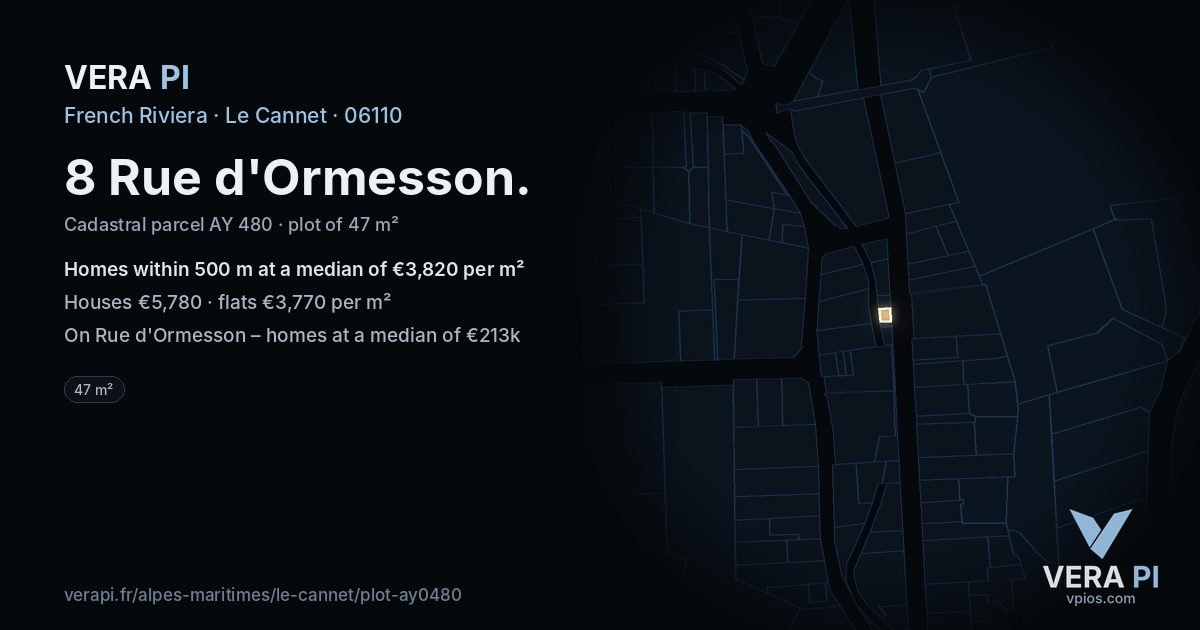 8 Rue d'Ormesson, Le Cannet at night – the plot lit, the parcels around coloured by the prices near them