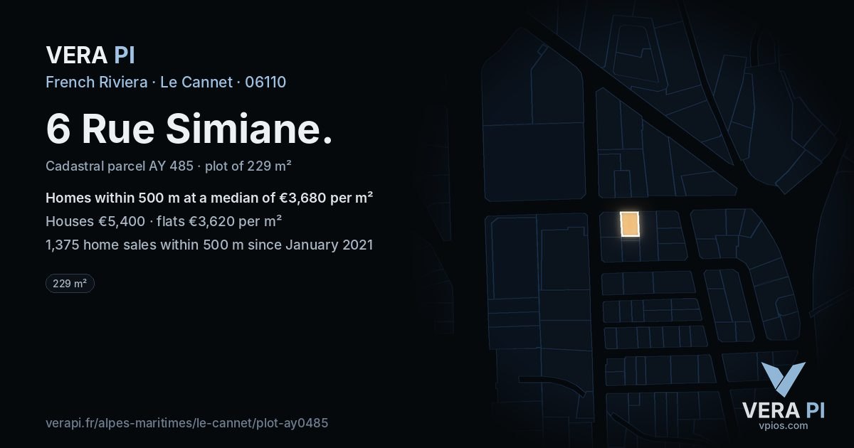6 Rue Simiane, Le Cannet at night – the plot lit, the parcels around coloured by the prices near them
