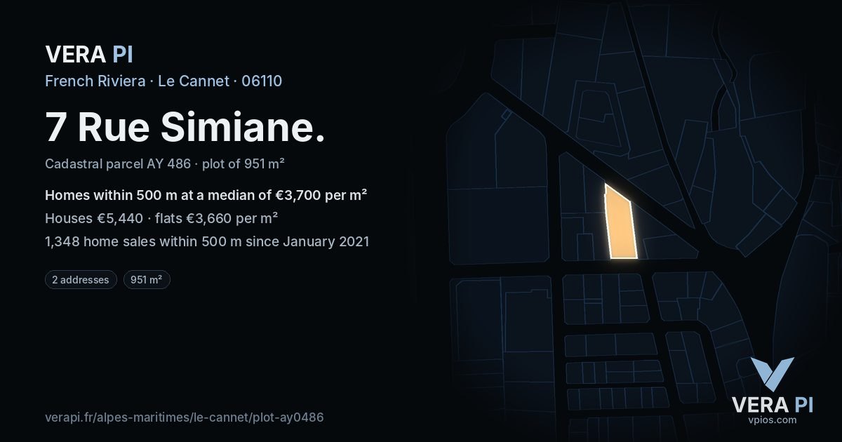 7 Rue Simiane, Le Cannet at night – the plot lit, the parcels around coloured by the prices near them