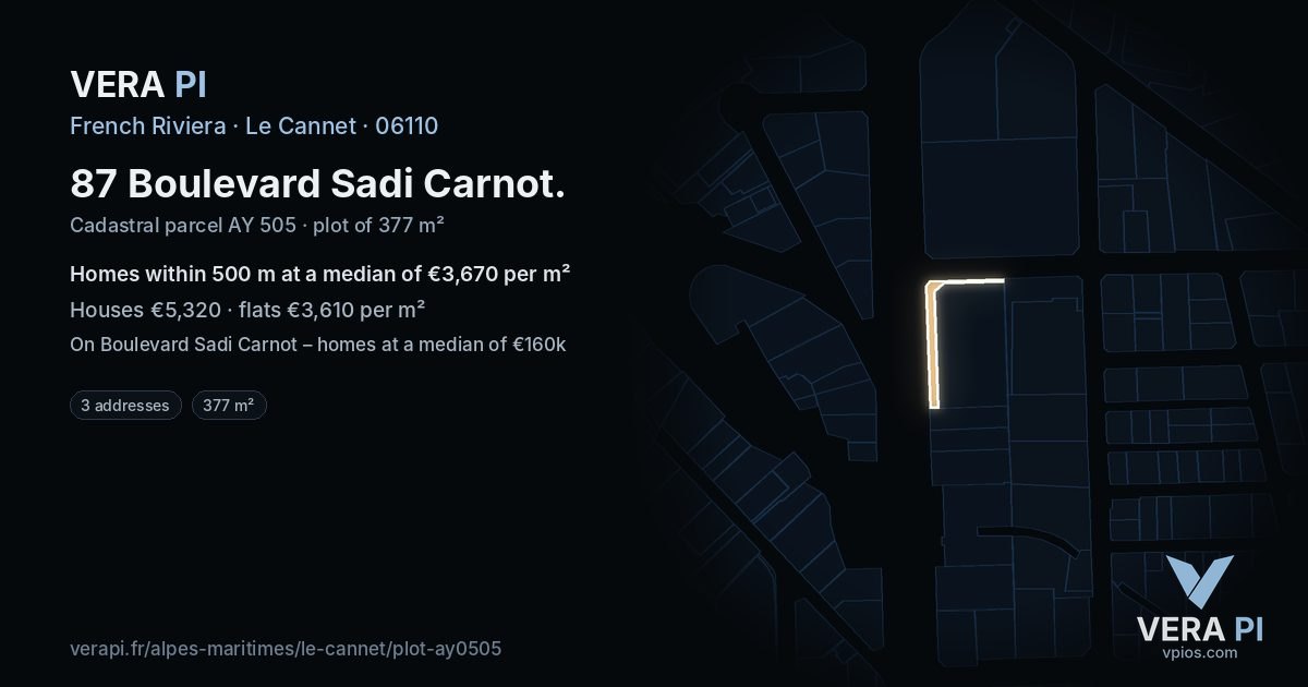 87 Boulevard Sadi Carnot, Le Cannet at night – the plot lit, the parcels around coloured by the prices near them