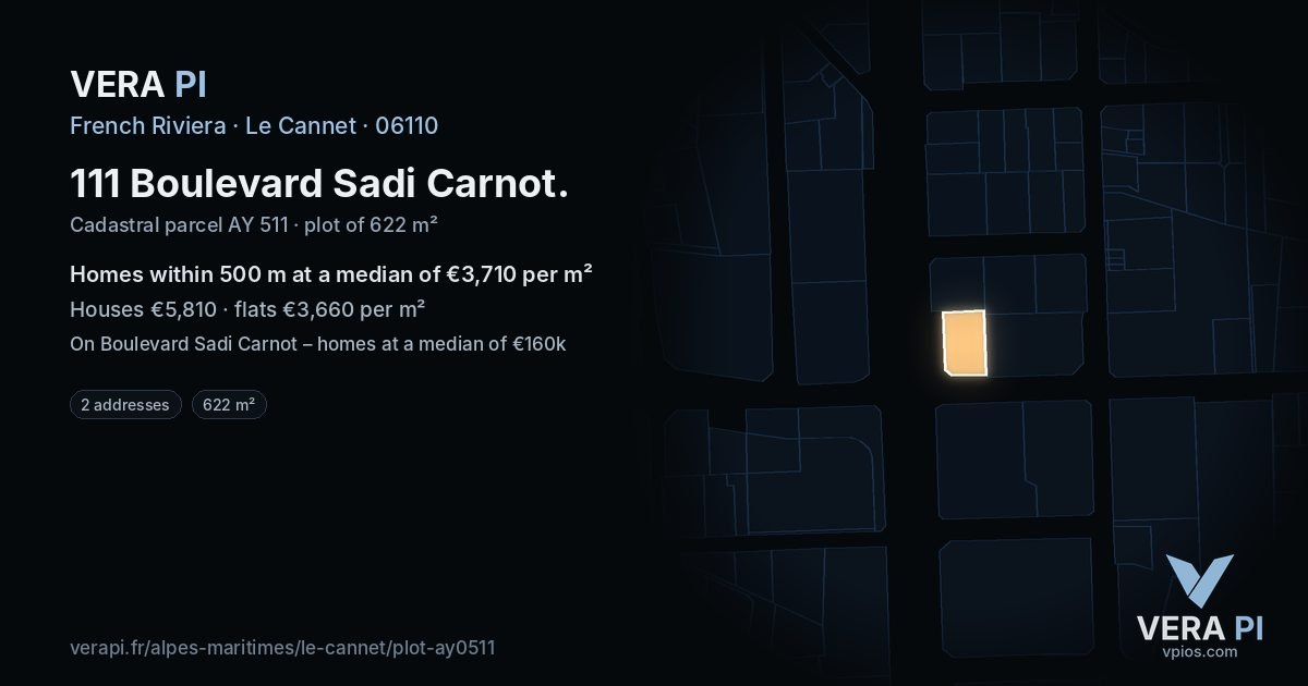 111 Boulevard Sadi Carnot, Le Cannet at night – the plot lit, the parcels around coloured by the prices near them