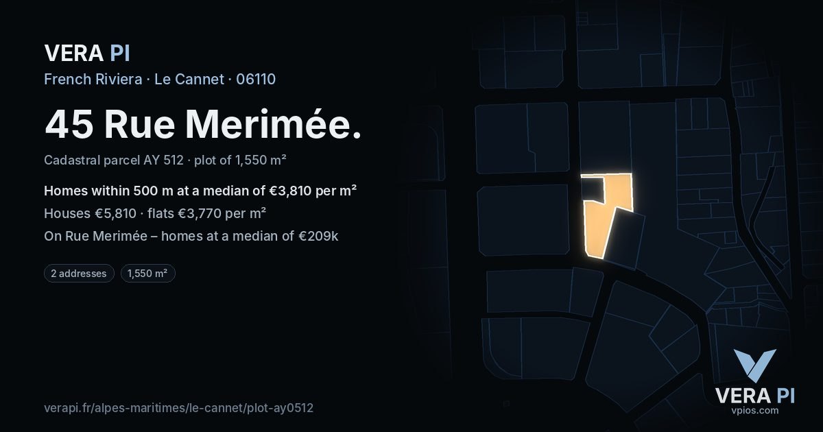 45 Rue Merimée, Le Cannet at night – the plot lit, the parcels around coloured by the prices near them
