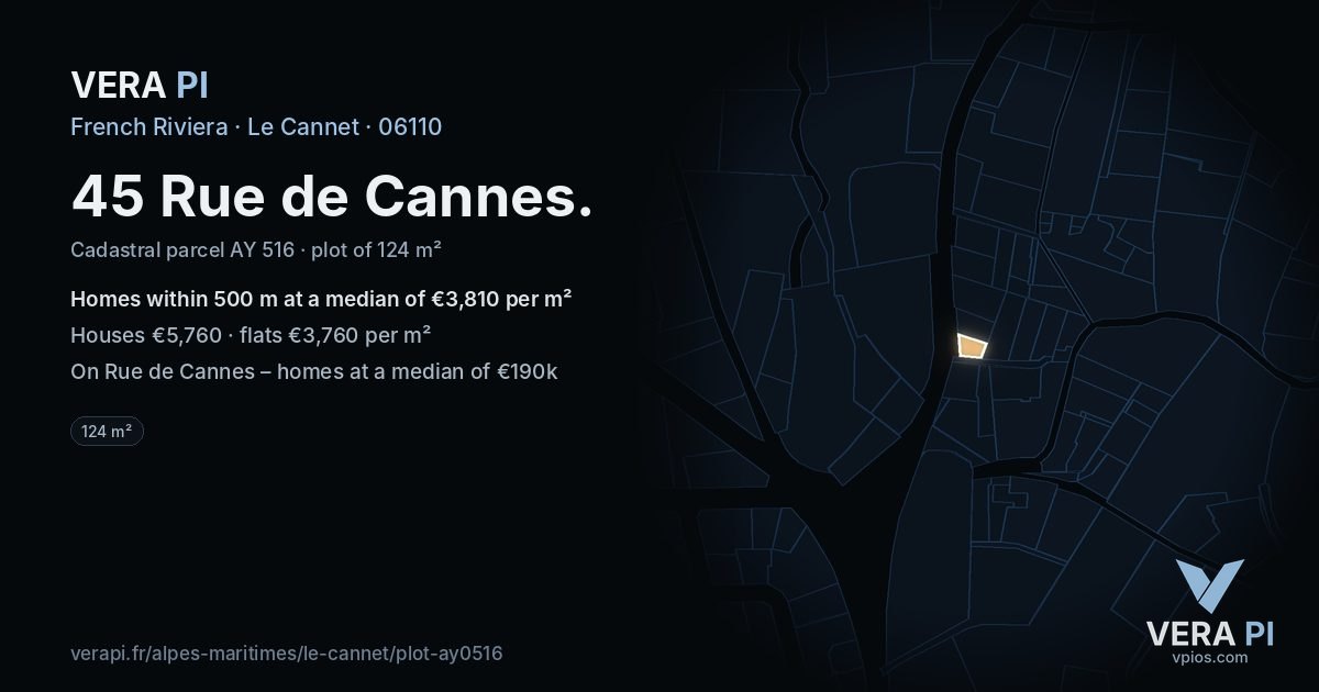 45 Rue de Cannes, Le Cannet at night – the plot lit, the parcels around coloured by the prices near them