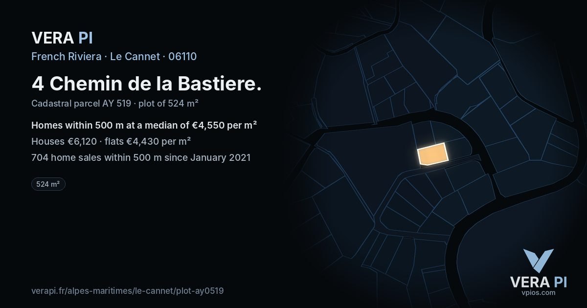 4 Chemin de la Bastiere, Le Cannet at night – the plot lit, the parcels around coloured by the prices near them