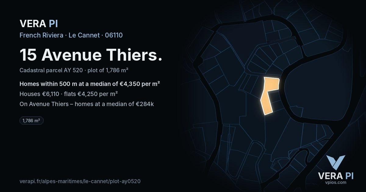 15 Avenue Thiers, Le Cannet at night – the plot lit, the parcels around coloured by the prices near them