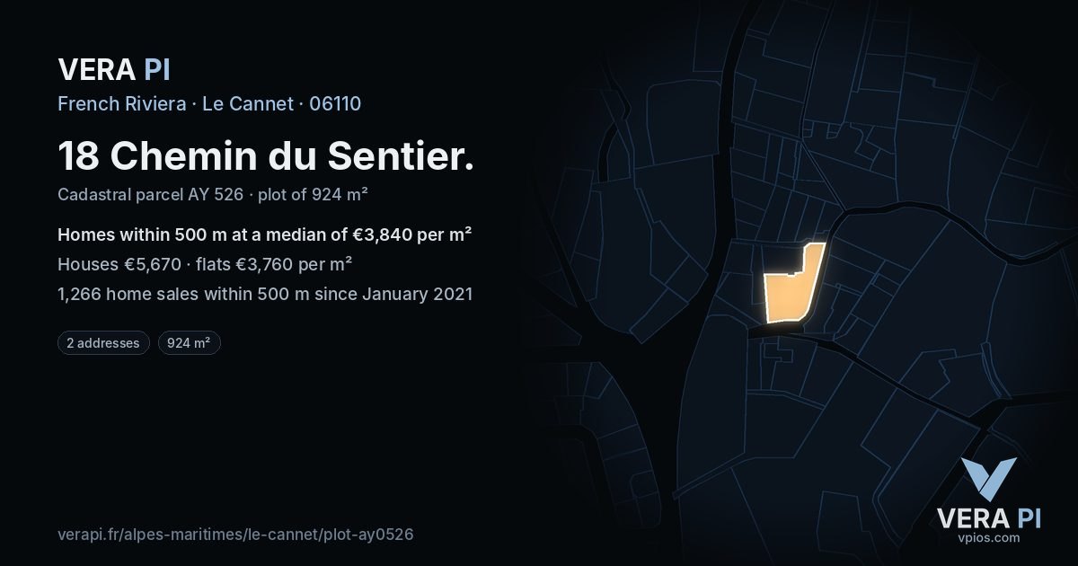 18 Chemin du Sentier, Le Cannet at night – the plot lit, the parcels around coloured by the prices near them