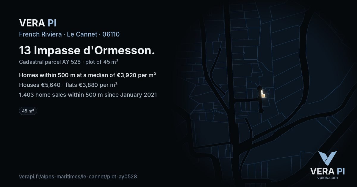 13 Impasse d'Ormesson, Le Cannet at night – the plot lit, the parcels around coloured by the prices near them