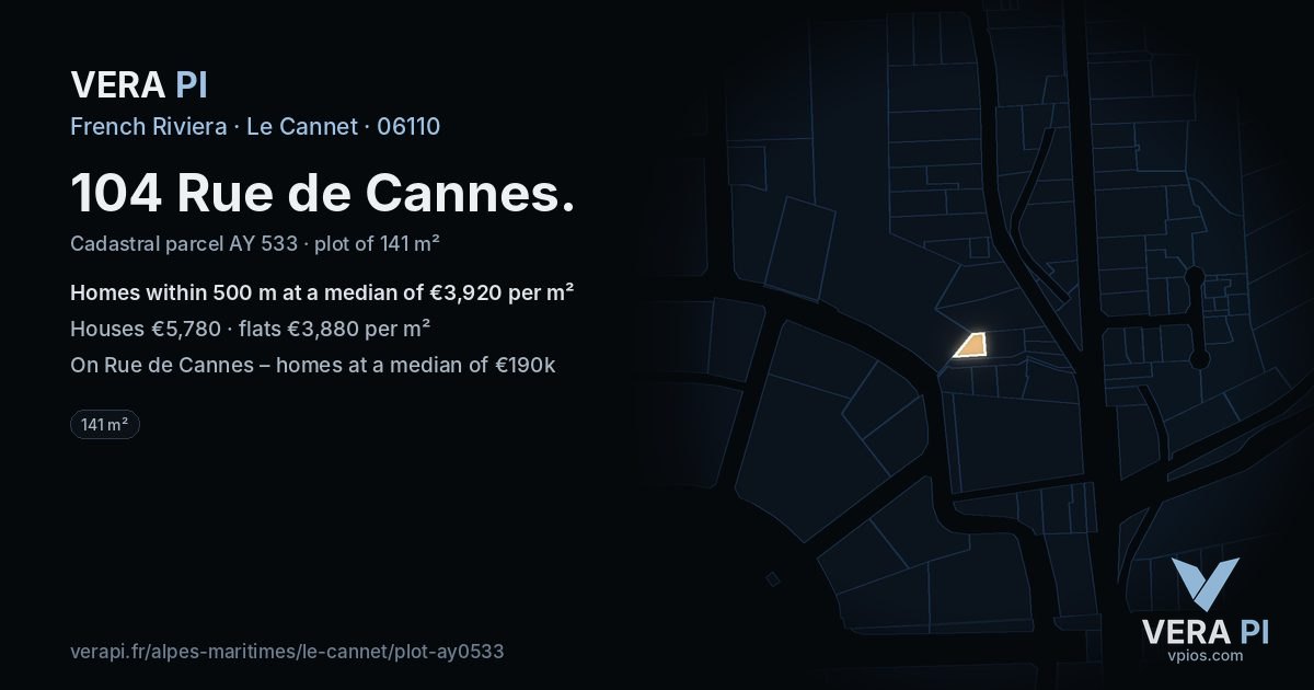 104 Rue de Cannes, Le Cannet at night – the plot lit, the parcels around coloured by the prices near them