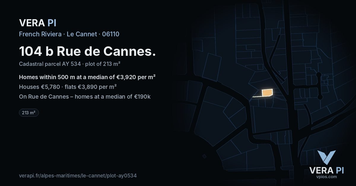 104 b Rue de Cannes, Le Cannet at night – the plot lit, the parcels around coloured by the prices near them