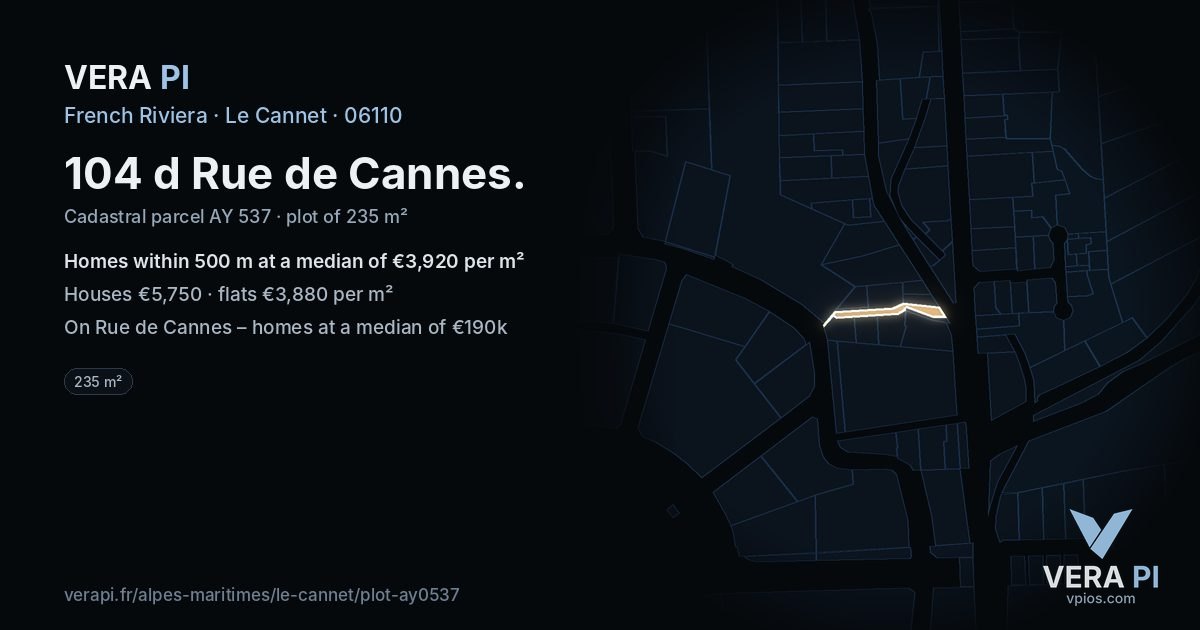 104 d Rue de Cannes, Le Cannet at night – the plot lit, the parcels around coloured by the prices near them