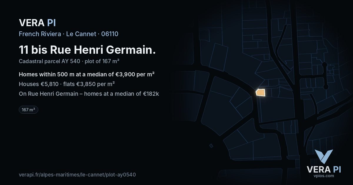11 bis Rue Henri Germain, Le Cannet at night – the plot lit, the parcels around coloured by the prices near them