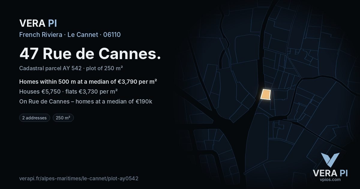 47 Rue de Cannes, Le Cannet at night – the plot lit, the parcels around coloured by the prices near them