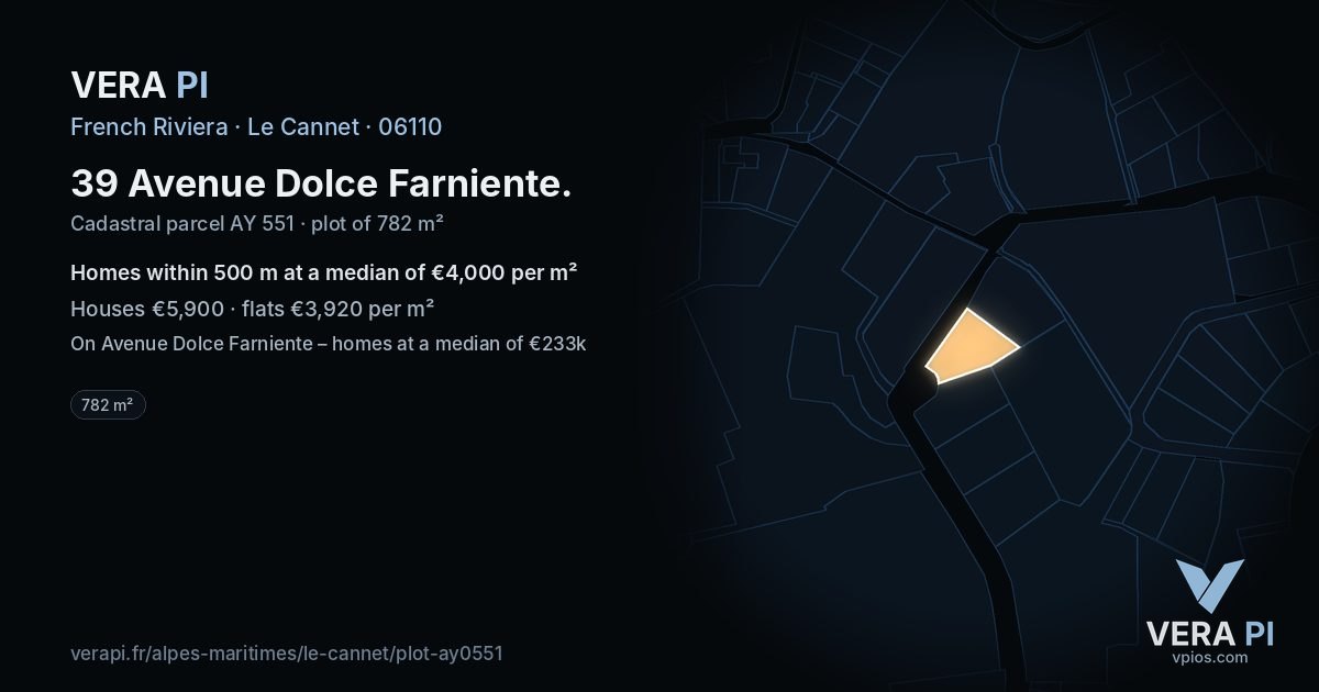 39 Avenue Dolce Farniente, Le Cannet at night – the plot lit, the parcels around coloured by the prices near them
