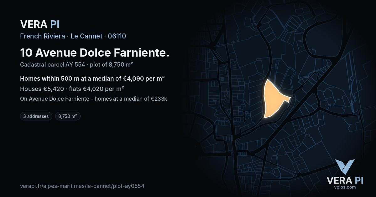 10 Avenue Dolce Farniente, Le Cannet at night – the plot lit, the parcels around coloured by the prices near them