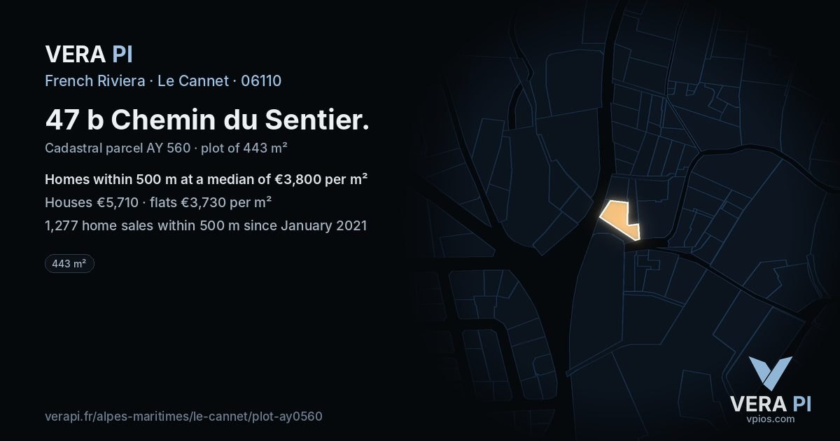 47 b Chemin du Sentier, Le Cannet at night – the plot lit, the parcels around coloured by the prices near them