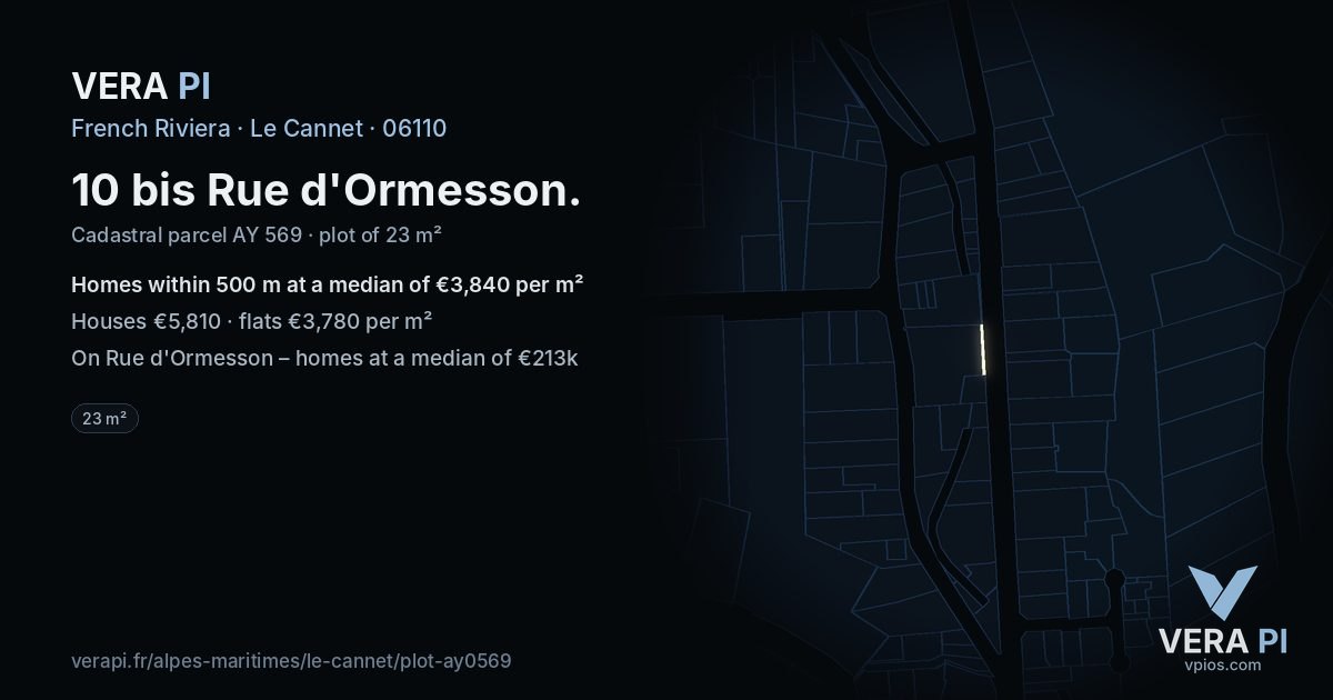 10 bis Rue d'Ormesson, Le Cannet at night – the plot lit, the parcels around coloured by the prices near them