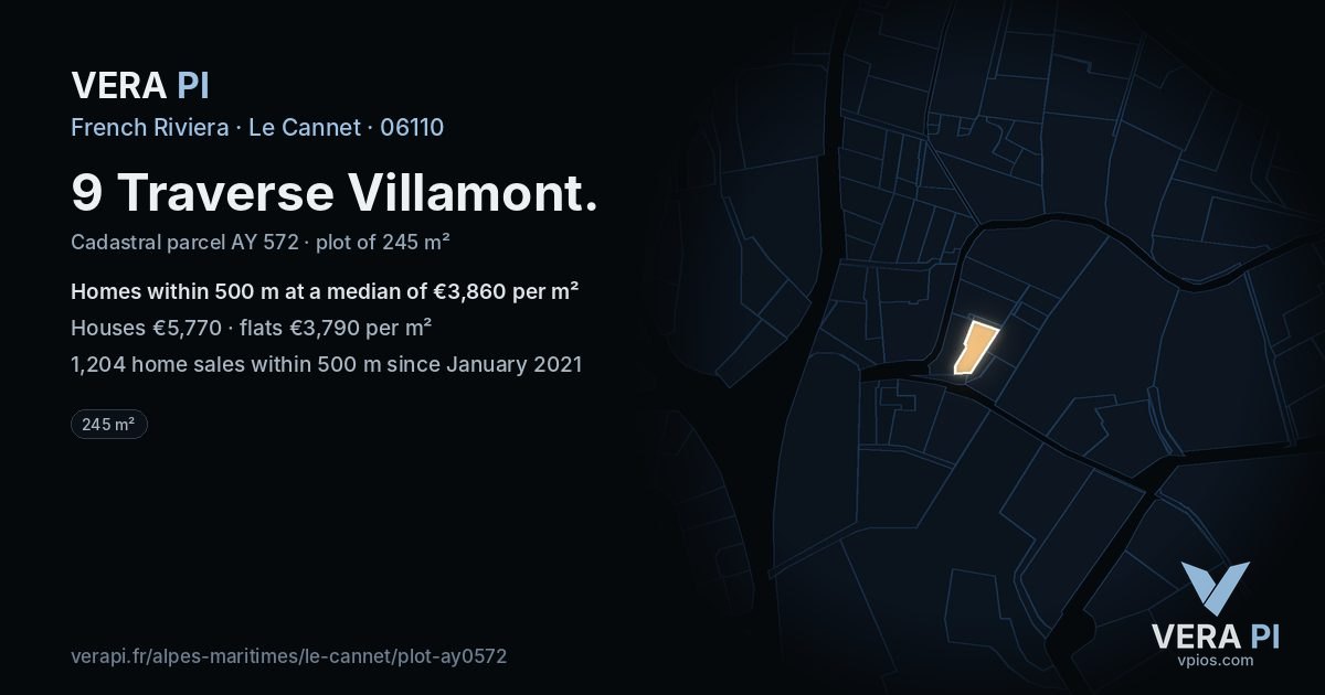 9 Traverse Villamont, Le Cannet at night – the plot lit, the parcels around coloured by the prices near them