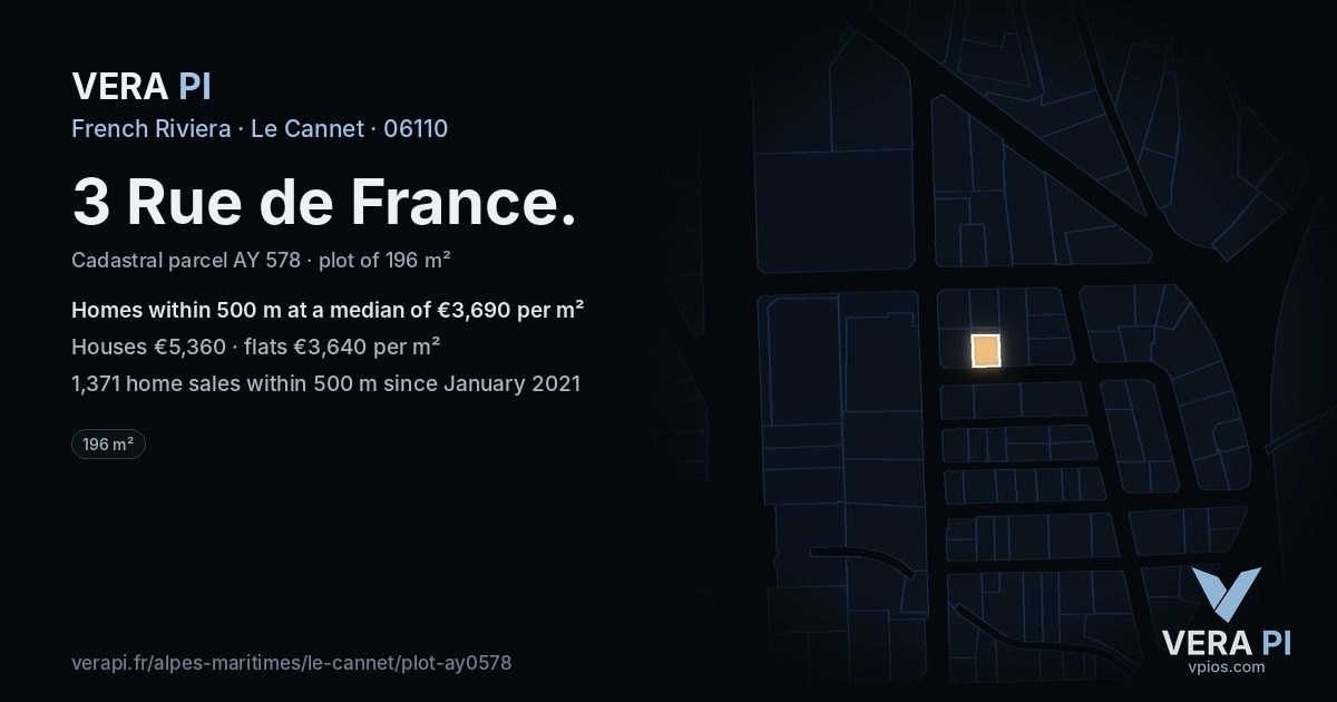 3 Rue de France, Le Cannet at night – the plot lit, the parcels around coloured by the prices near them