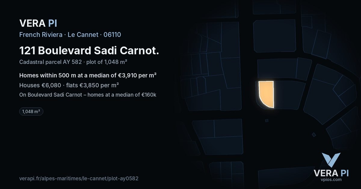 121 Boulevard Sadi Carnot, Le Cannet at night – the plot lit, the parcels around coloured by the prices near them