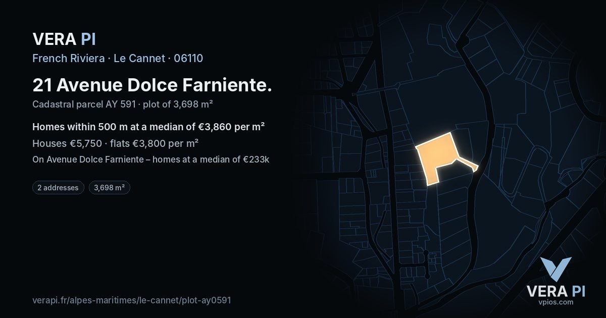 21 Avenue Dolce Farniente, Le Cannet at night – the plot lit, the parcels around coloured by the prices near them