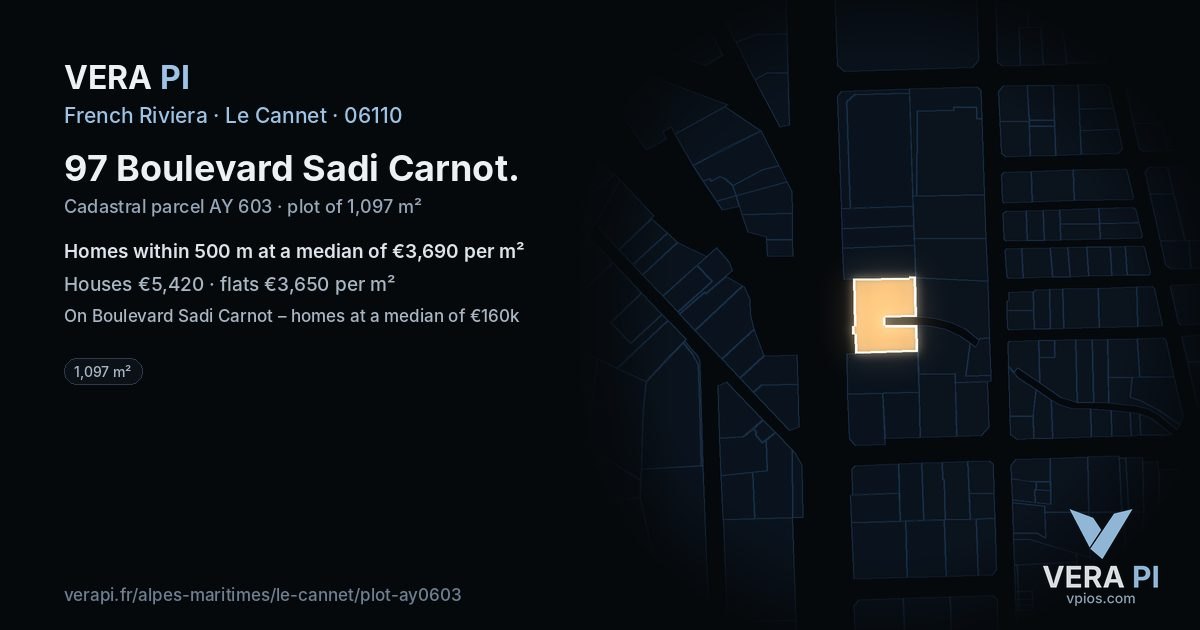 97 Boulevard Sadi Carnot, Le Cannet at night – the plot lit, the parcels around coloured by the prices near them