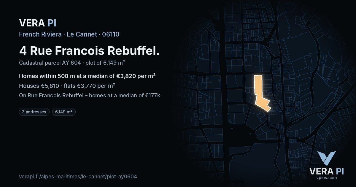 4 Rue Francois Rebuffel, Le Cannet at night – the plot lit, the parcels around coloured by the prices near them