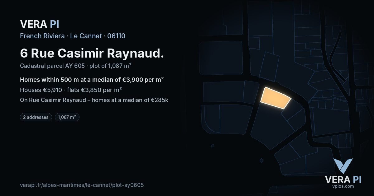 6 Rue Casimir Raynaud, Le Cannet at night – the plot lit, the parcels around coloured by the prices near them