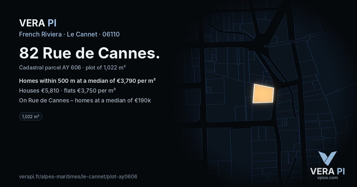 82 Rue de Cannes, Le Cannet at night – the plot lit, the parcels around coloured by the prices near them