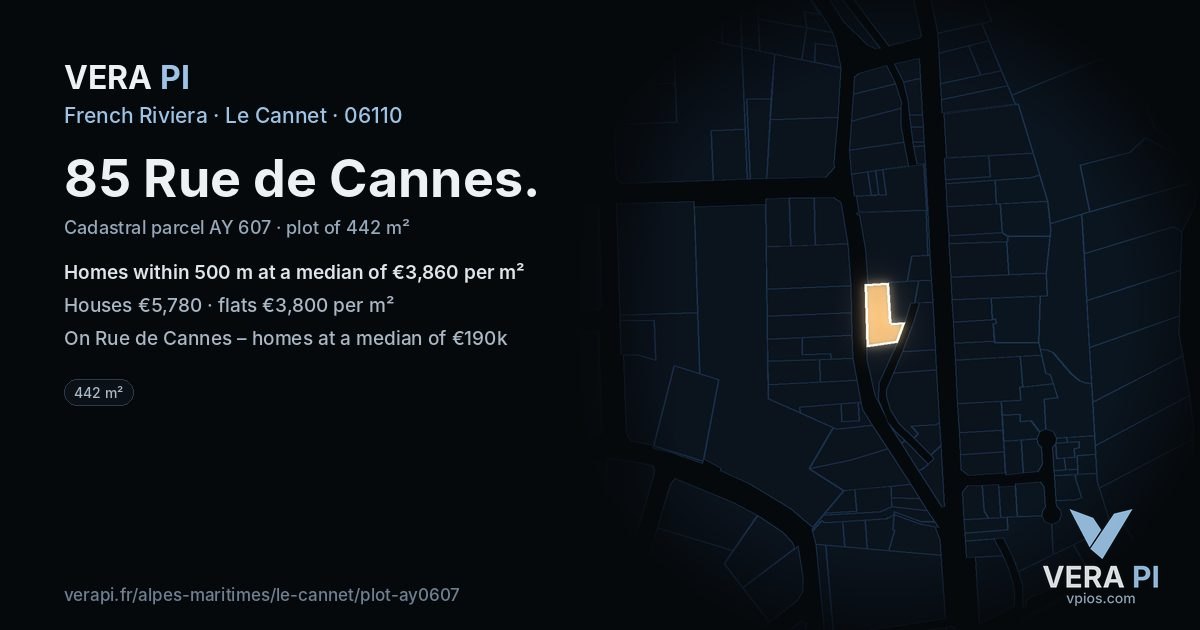 85 Rue de Cannes, Le Cannet at night – the plot lit, the parcels around coloured by the prices near them