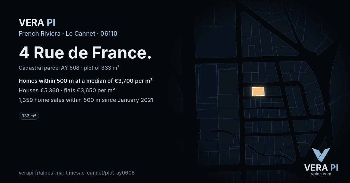 4 Rue de France, Le Cannet at night – the plot lit, the parcels around coloured by the prices near them