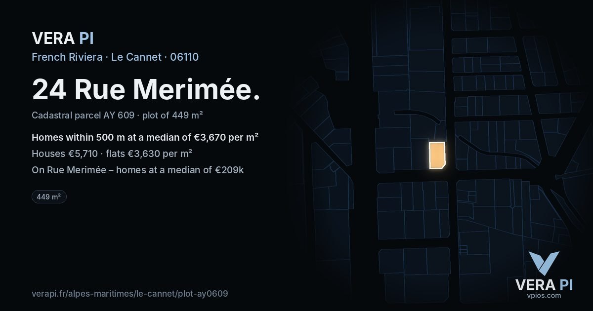 24 Rue Merimée, Le Cannet at night – the plot lit, the parcels around coloured by the prices near them