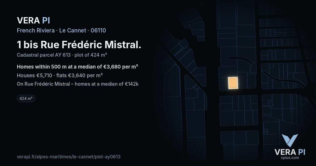 1 bis Rue Frédéric Mistral, Le Cannet at night – the plot lit, the parcels around coloured by the prices near them