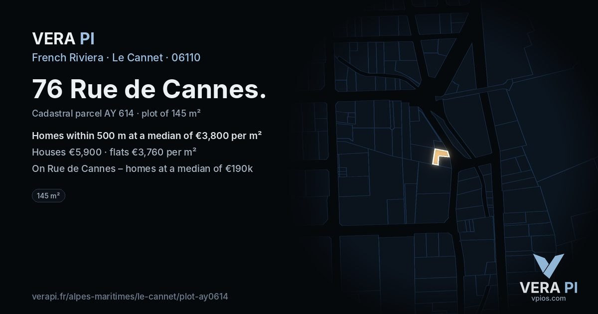 76 Rue de Cannes, Le Cannet at night – the plot lit, the parcels around coloured by the prices near them