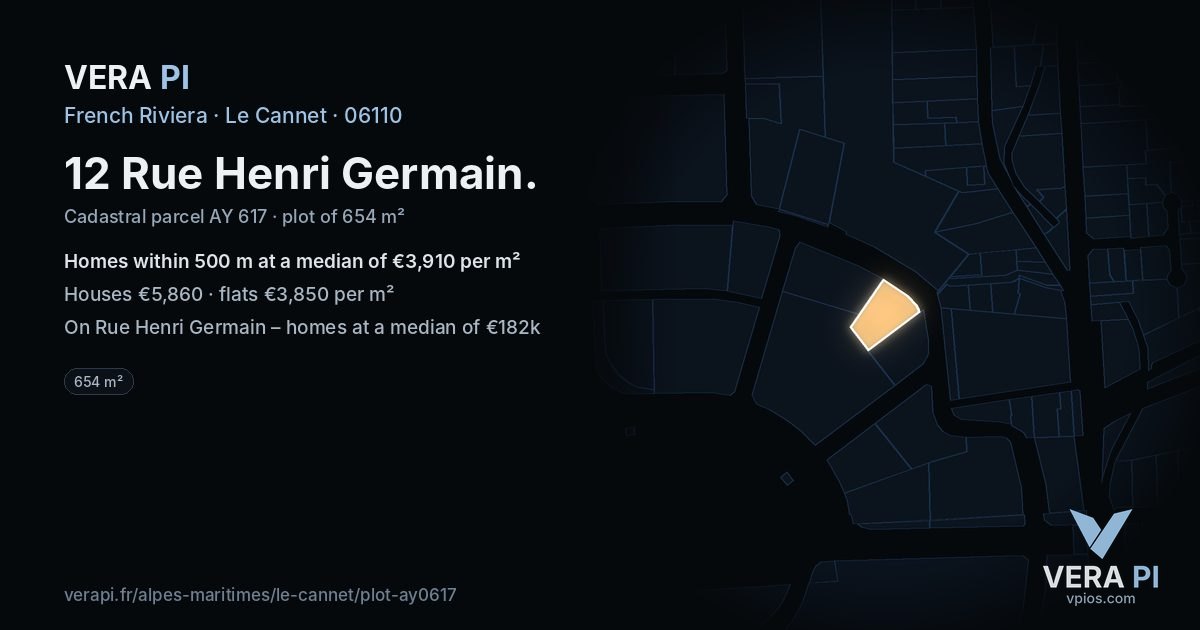 12 Rue Henri Germain, Le Cannet at night – the plot lit, the parcels around coloured by the prices near them