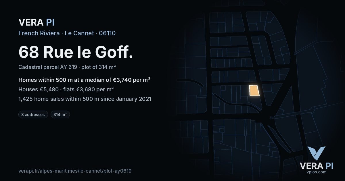 68 Rue le Goff, Le Cannet at night – the plot lit, the parcels around coloured by the prices near them