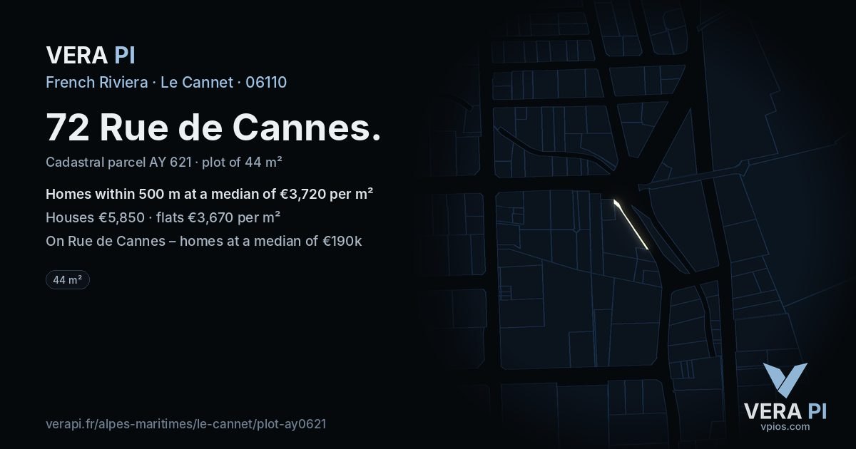 72 Rue de Cannes, Le Cannet at night – the plot lit, the parcels around coloured by the prices near them