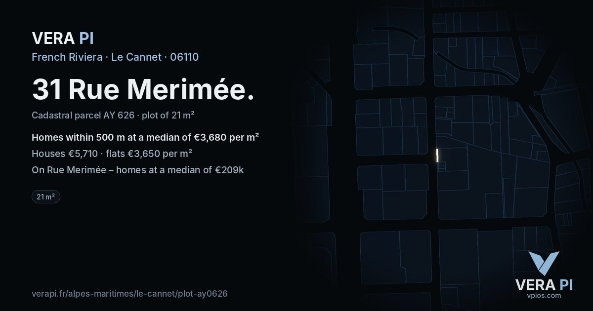 31 Rue Merimée, Le Cannet at night – the plot lit, the parcels around coloured by the prices near them