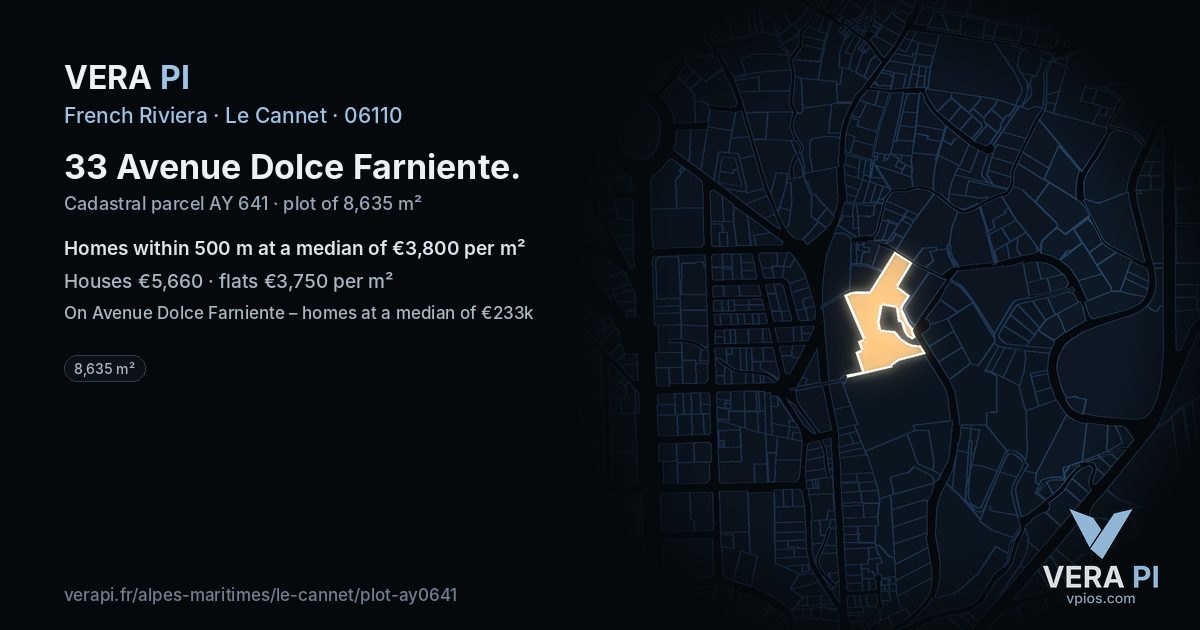 33 Avenue Dolce Farniente, Le Cannet at night – the plot lit, the parcels around coloured by the prices near them