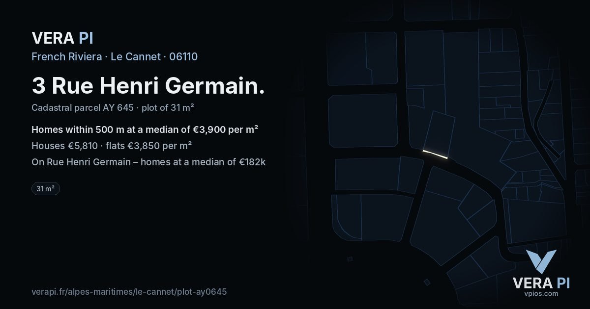3 Rue Henri Germain, Le Cannet at night – the plot lit, the parcels around coloured by the prices near them